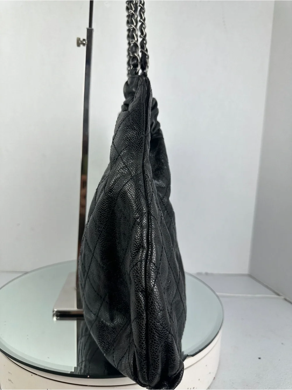 Chanel Black Shiny Caviar Leather Large Chain Shoulder Tote Silver CC